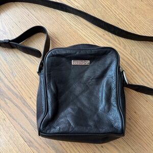 DKNY Black Leather Crossbody Bag Silver Logo Plaque Messenger Camera Bag